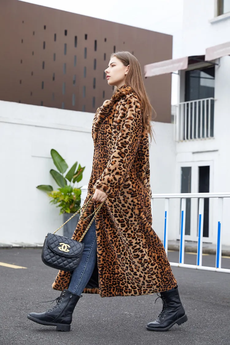 Winter Women's Faux Fur Leopard Print Rabbit Tailored Collar Warm Thick X-Long Coat Long Sleeve Hipster Jacket