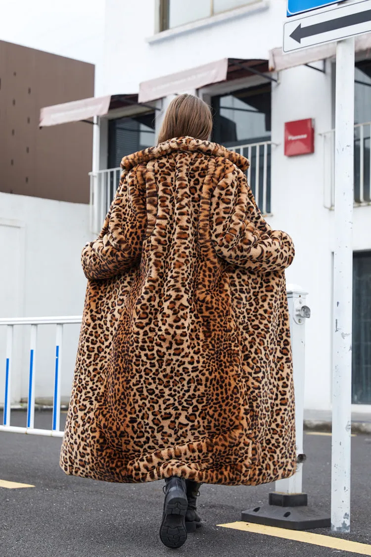 Winter Women's Faux Fur Leopard Print Rabbit Tailored Collar Warm Thick X-Long Coat Long Sleeve Hipster Jacket