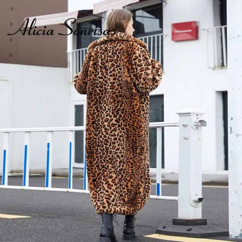 Winter Women's Faux Fur Leopard Print Rabbit Tailored Collar Warm Thick X-Long Coat Long Sleeve Hipster Jacket