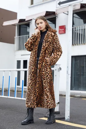 Winter Women's Faux Fur Leopard Print Rabbit Tailored Collar Warm Thick X-Long Coat Long Sleeve Hipster Jacket