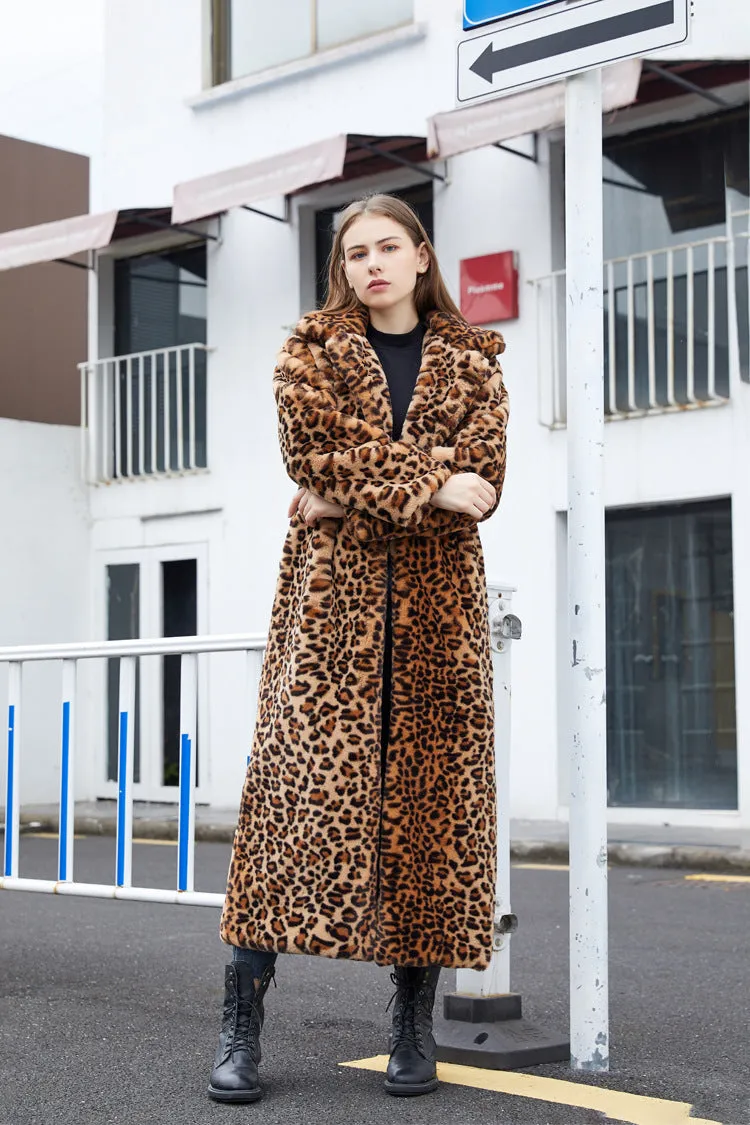Winter Women's Faux Fur Leopard Print Rabbit Tailored Collar Warm Thick X-Long Coat Long Sleeve Hipster Jacket
