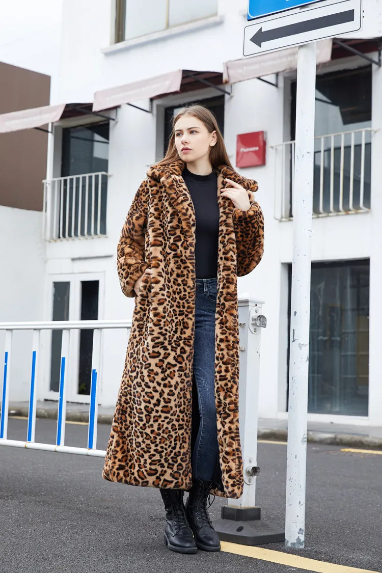 Winter Women's Faux Fur Leopard Print Rabbit Tailored Collar Warm Thick X-Long Coat Long Sleeve Hipster Jacket