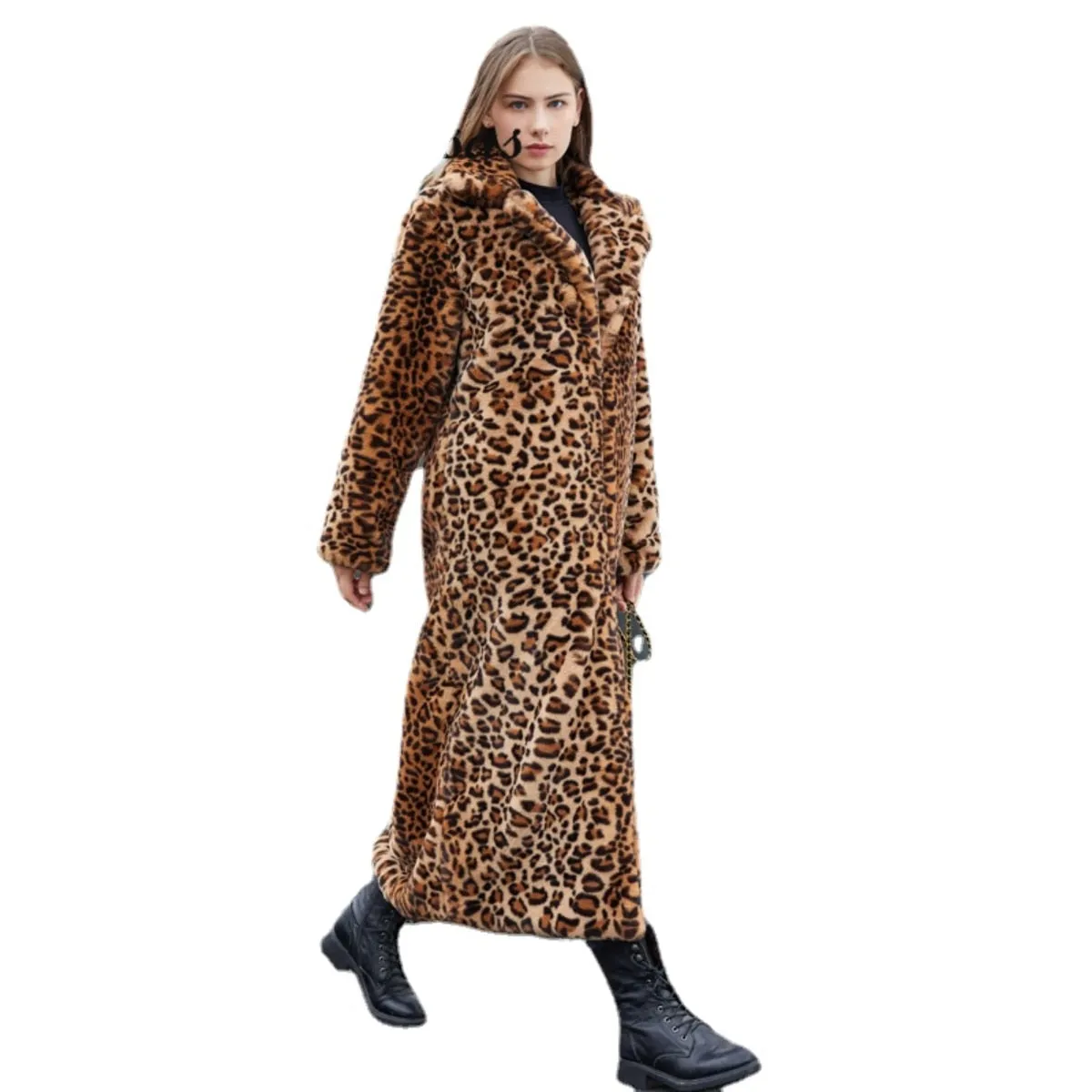 Winter Women's Faux Fur Leopard Print Rabbit Tailored Collar Warm Thick X-Long Coat Long Sleeve Hipster Jacket