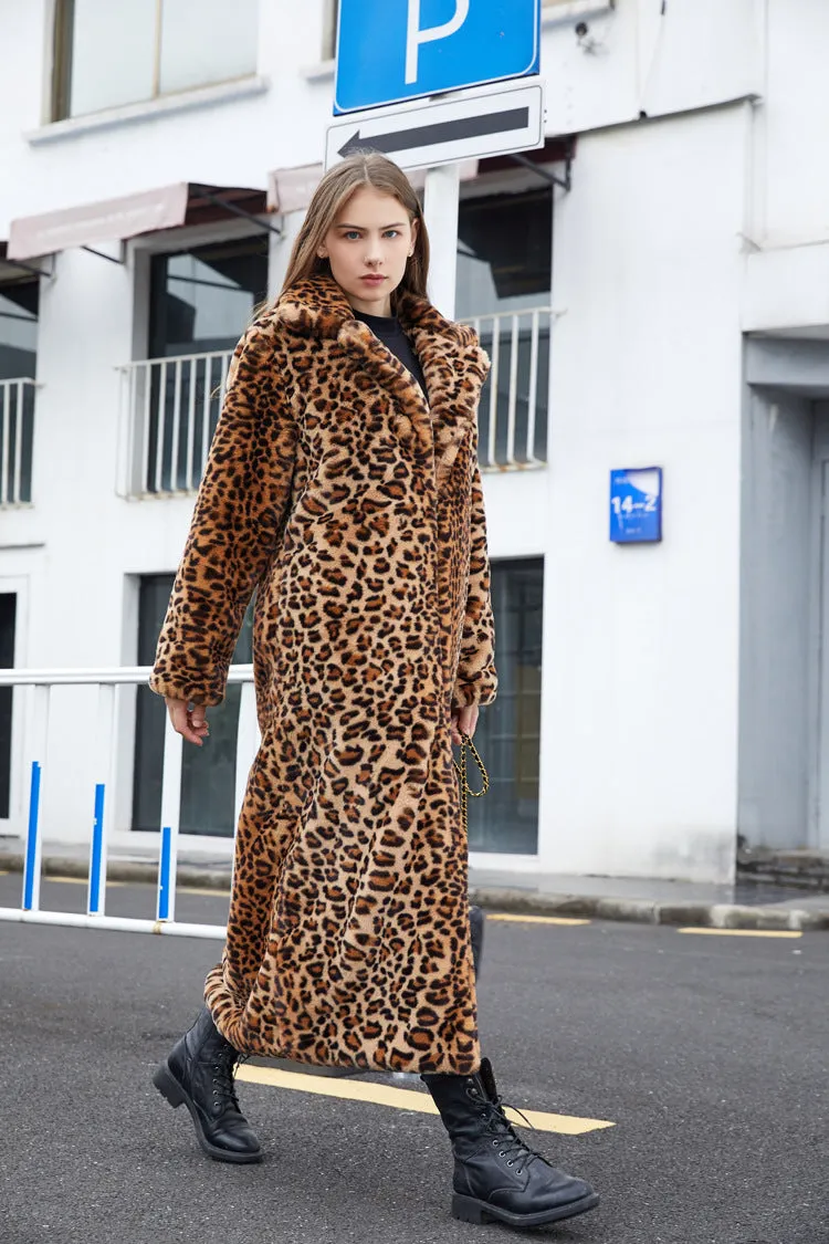 Winter Women's Faux Fur Leopard Print Rabbit Tailored Collar Warm Thick X-Long Coat Long Sleeve Hipster Jacket