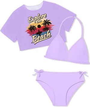 WIQI Girls' Swimwear Teen Bathing Suit Girls 3 Piece Bikini Set Tropical Pattern Halter V Neck Swimsuits with Cover Up Cute Swimsuit Size 12-14 Purple