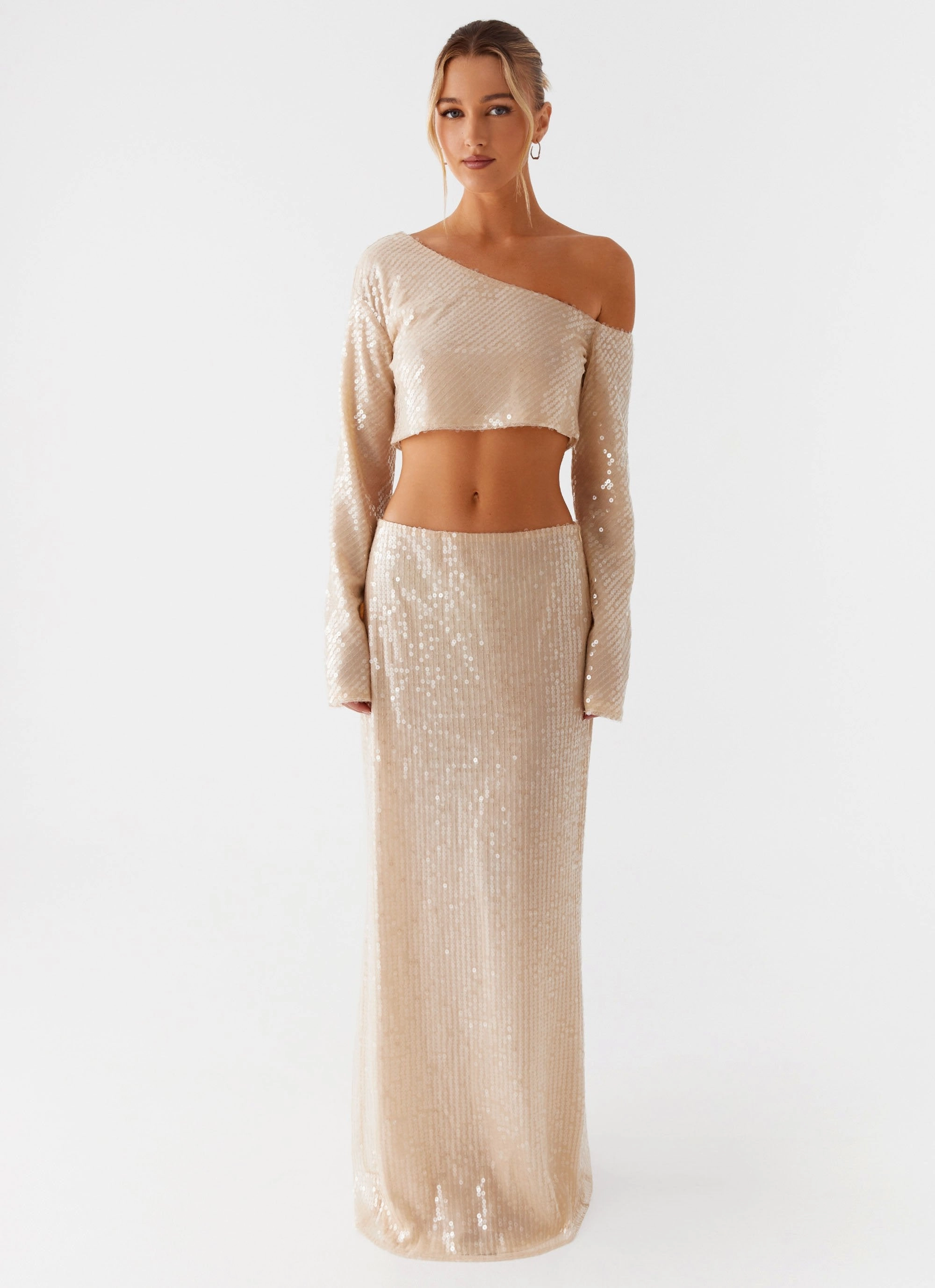 Wisteria Off Shoulder Long Sleeve Sequin Top - Champagne Quick Dry Blend SeamlessDesign