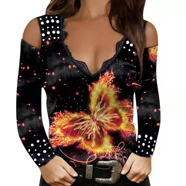 Wjczt 2022 Autumn Winter T-shirt Women&#39;s Clothes Tops Long Sleeve Sexy Print V-neck Lace Strapless T-shirts Women
