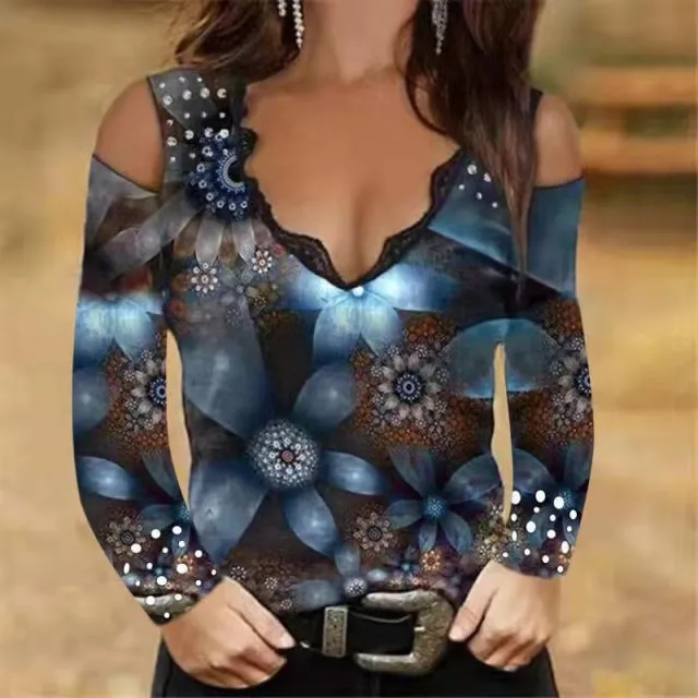 Wjczt 2022 Autumn Winter T-shirt Women&#39;s Clothes Tops Long Sleeve Sexy Print V-neck Lace Strapless T-shirts Women