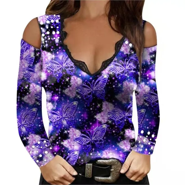 Wjczt 2022 Autumn Winter T-shirt Women&#39;s Clothes Tops Long Sleeve Sexy Print V-neck Lace Strapless T-shirts Women
