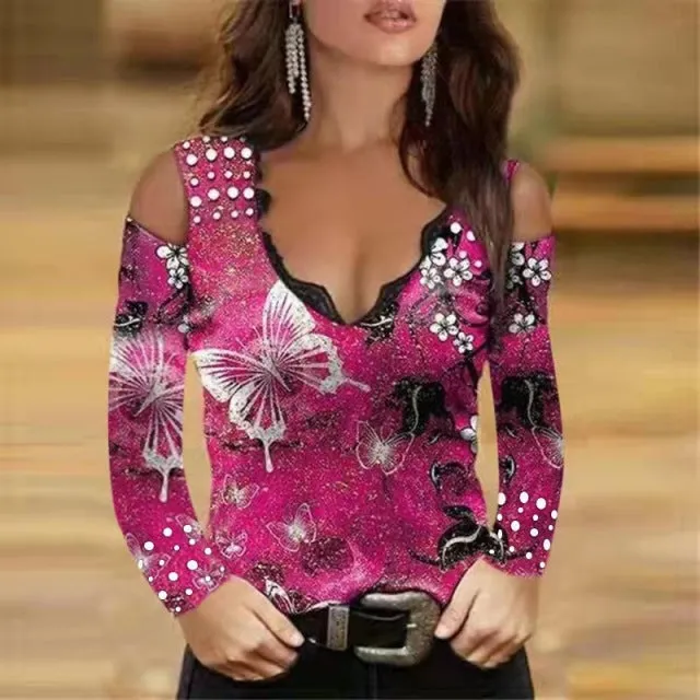 Wjczt 2022 Autumn Winter T-shirt Women&#39;s Clothes Tops Long Sleeve Sexy Print V-neck Lace Strapless T-shirts Women