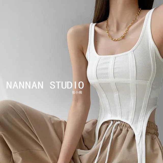 Wjczt  Fishbone Thread Safari Style Vest Irregular Hook Bottomed Shirt For Women Square Neck Sexy Sleeveless Sort Tops VO4X