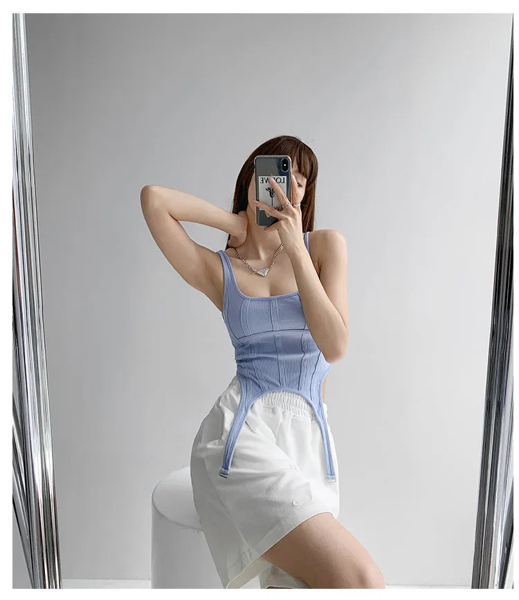 Wjczt  Fishbone Thread Safari Style Vest Irregular Hook Bottomed Shirt For Women Square Neck Sexy Sleeveless Sort Tops VO4X