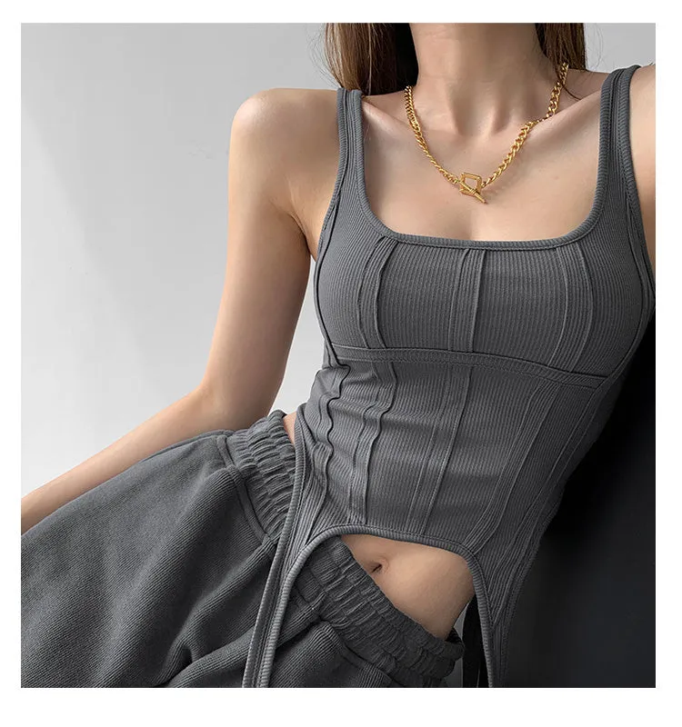 Wjczt  Fishbone Thread Safari Style Vest Irregular Hook Bottomed Shirt For Women Square Neck Sexy Sleeveless Sort Tops VO4X