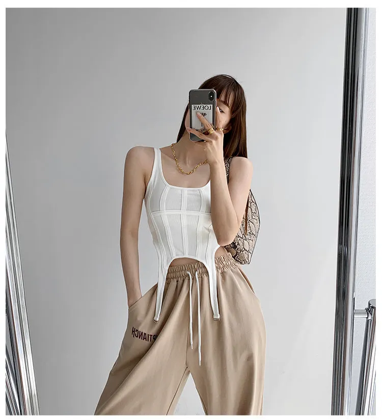 Wjczt  Fishbone Thread Safari Style Vest Irregular Hook Bottomed Shirt For Women Square Neck Sexy Sleeveless Sort Tops VO4X