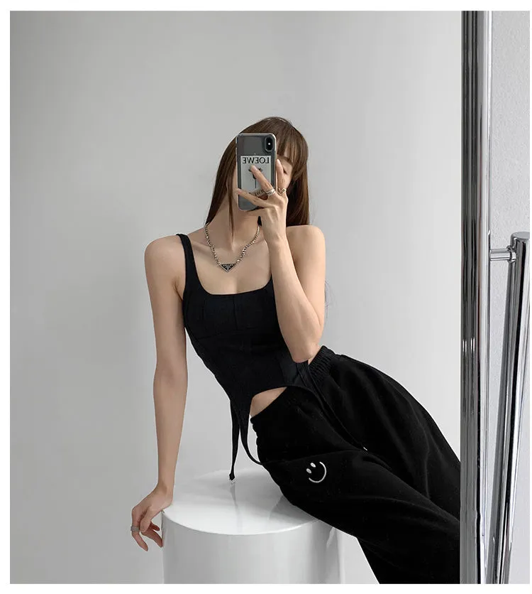 Wjczt  Fishbone Thread Safari Style Vest Irregular Hook Bottomed Shirt For Women Square Neck Sexy Sleeveless Sort Tops VO4X