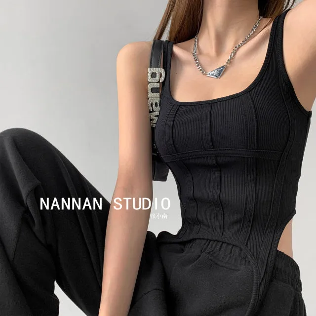 Wjczt  Fishbone Thread Safari Style Vest Irregular Hook Bottomed Shirt For Women Square Neck Sexy Sleeveless Sort Tops VO4X