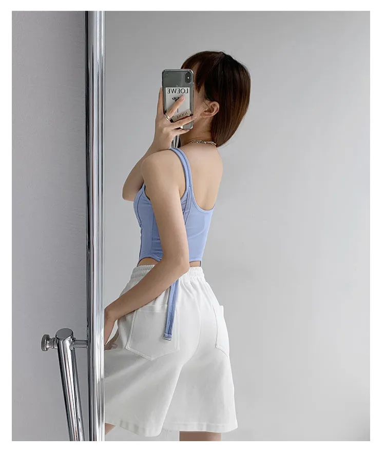 Wjczt  Fishbone Thread Safari Style Vest Irregular Hook Bottomed Shirt For Women Square Neck Sexy Sleeveless Sort Tops VO4X
