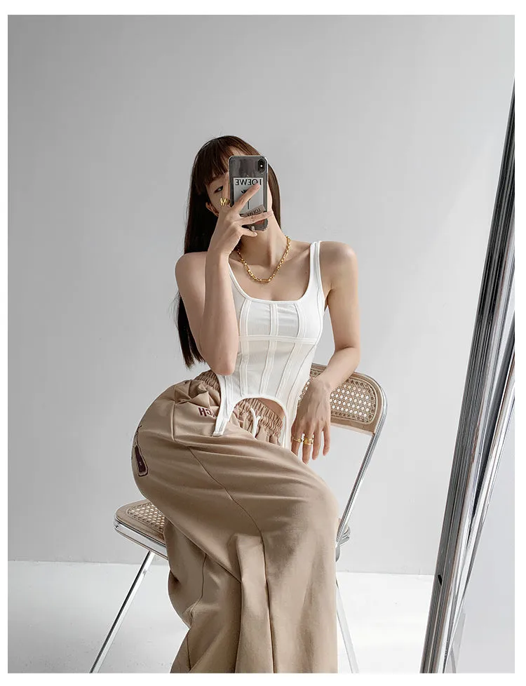 Wjczt  Fishbone Thread Safari Style Vest Irregular Hook Bottomed Shirt For Women Square Neck Sexy Sleeveless Sort Tops VO4X