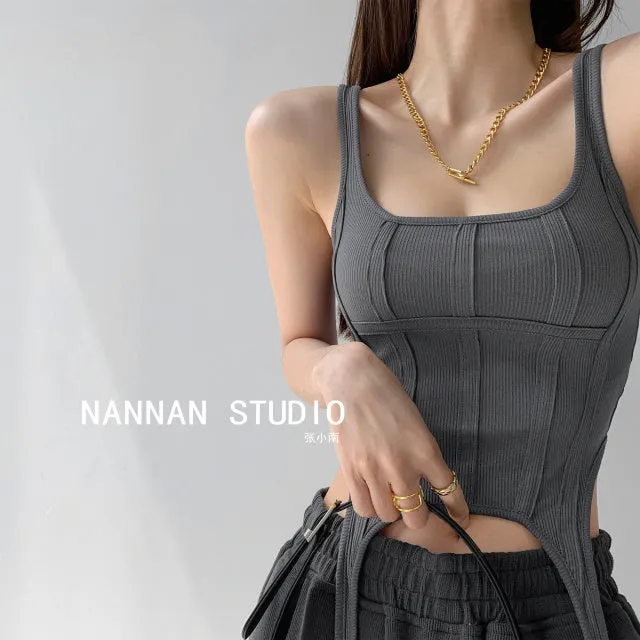 Wjczt  Fishbone Thread Safari Style Vest Irregular Hook Bottomed Shirt For Women Square Neck Sexy Sleeveless Sort Tops VO4X