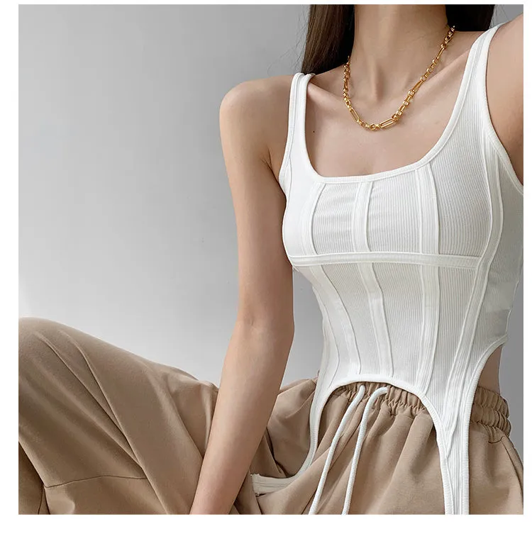Wjczt  Fishbone Thread Safari Style Vest Irregular Hook Bottomed Shirt For Women Square Neck Sexy Sleeveless Sort Tops VO4X