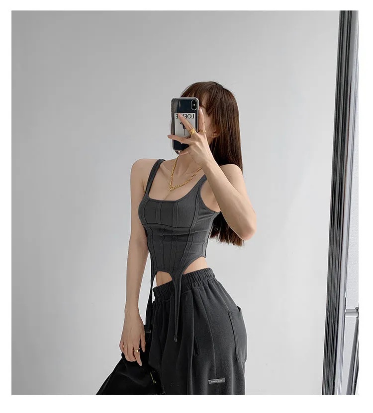 Wjczt  Fishbone Thread Safari Style Vest Irregular Hook Bottomed Shirt For Women Square Neck Sexy Sleeveless Sort Tops VO4X
