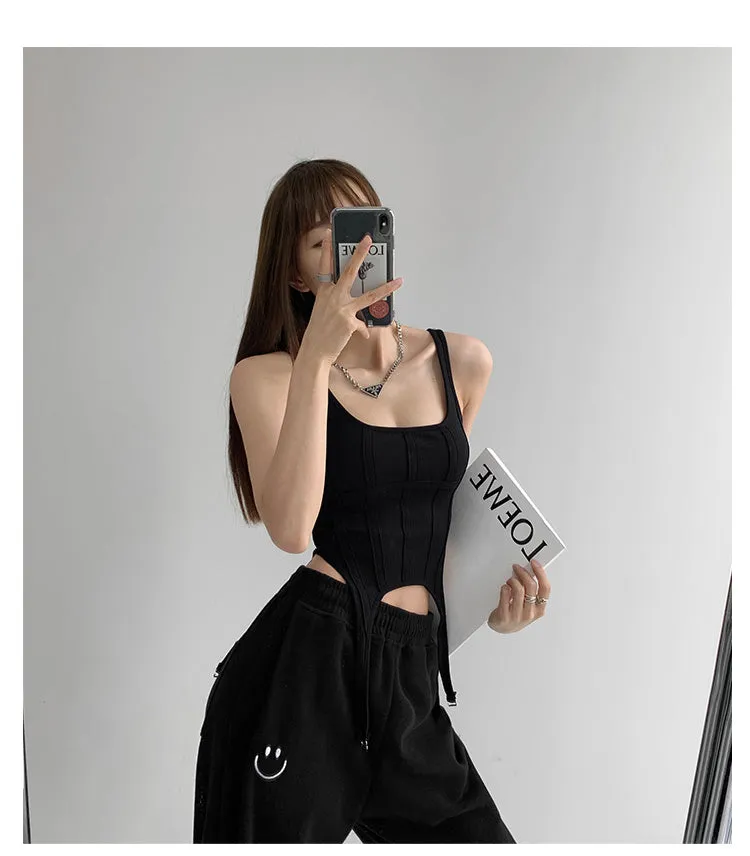 Wjczt  Fishbone Thread Safari Style Vest Irregular Hook Bottomed Shirt For Women Square Neck Sexy Sleeveless Sort Tops VO4X