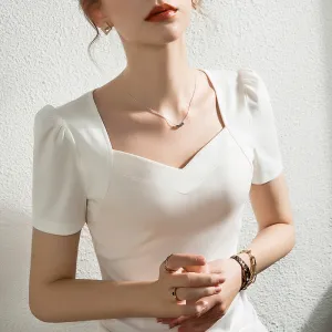 Wjczt French Solid Color Bubble Sleeve T-Shirt women&#39;s short sleeve slim V-neck pure cotton white top summer new