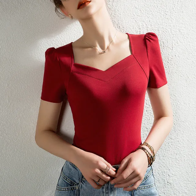 Wjczt French Solid Color Bubble Sleeve T-Shirt women&#39;s short sleeve slim V-neck pure cotton white top summer new