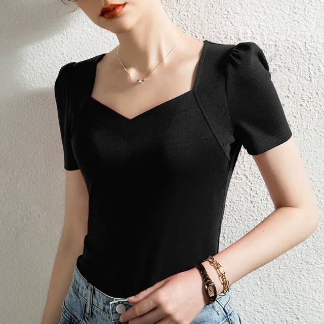 Wjczt French Solid Color Bubble Sleeve T-Shirt women&#39;s short sleeve slim V-neck pure cotton white top summer new