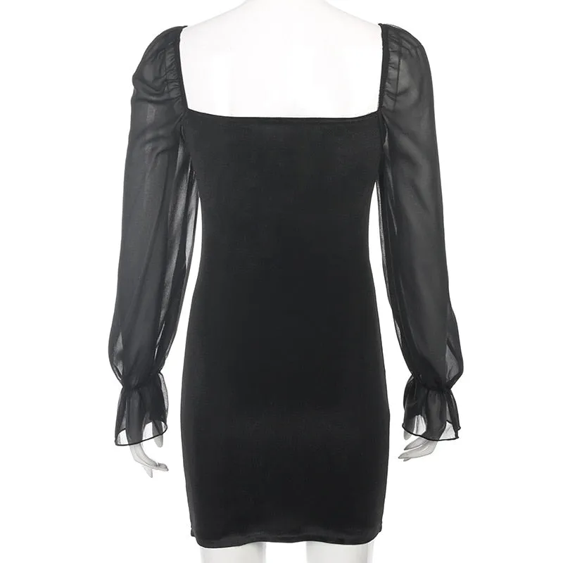 Wjczt Gothic Black Women V-Neck Splice Mesh Long Sleeve Folds Slim Mini Dress 2020 Spring Goth Female Dark Puff Sleeve Bodycon Dresses