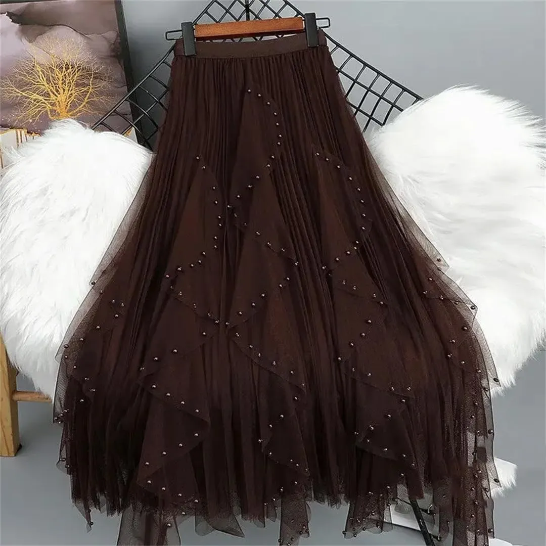 Wjnvfioo Fashion Casual High-Waisted Slimming Medium-Length Mesh Skirt Spring Sequins A- Line Skirts