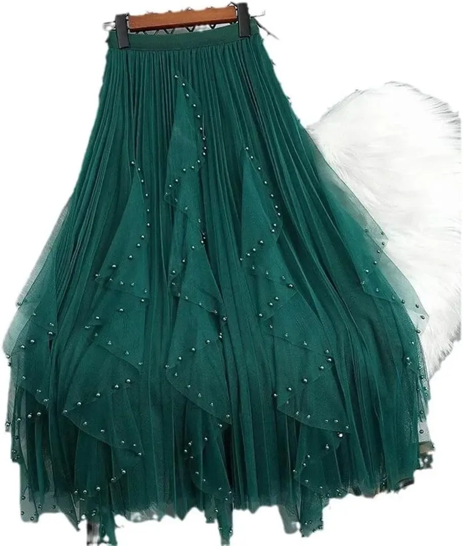 Wjnvfioo Fashion Casual High-Waisted Slimming Medium-Length Mesh Skirt Spring Sequins A- Line Skirts