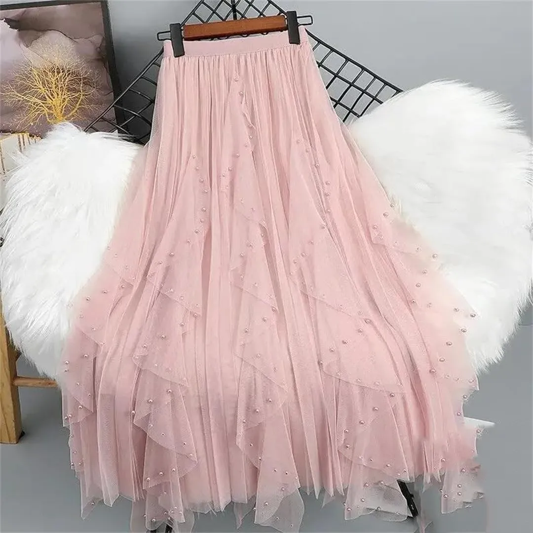 Wjnvfioo Fashion Casual High-Waisted Slimming Medium-Length Mesh Skirt Spring Sequins A- Line Skirts