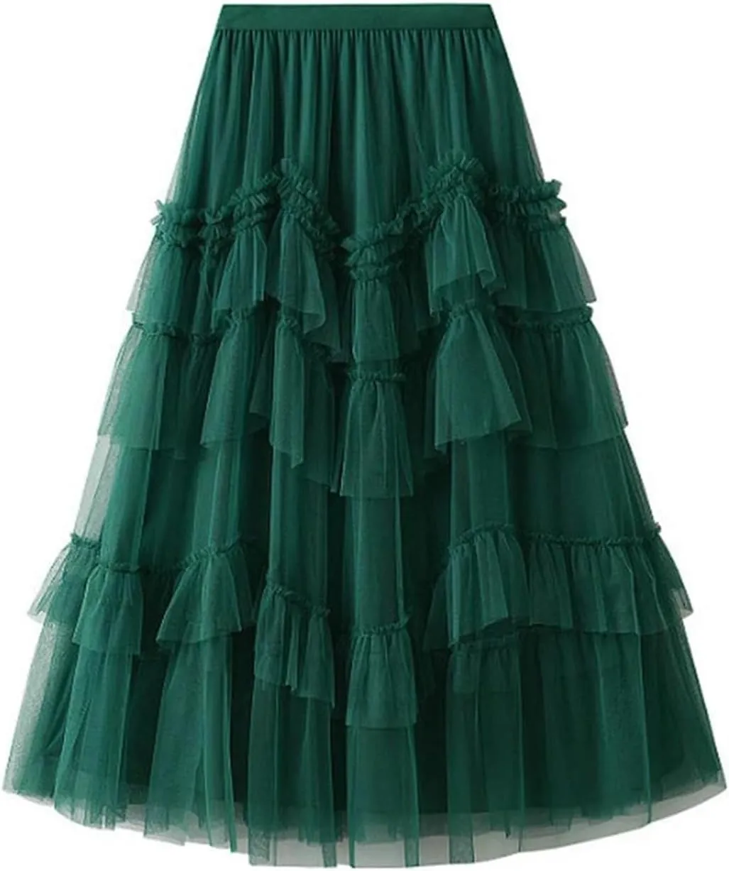 Wjnvfioo Female Fashion Gauze Cake Skirt for Women Mid-Calf A-Line Solid Color Skirts