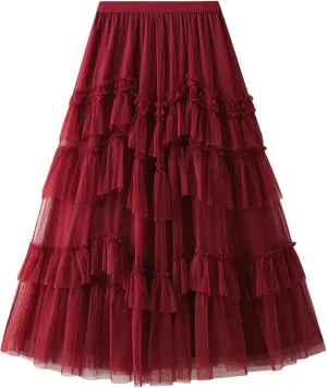 Wjnvfioo Female Fashion Gauze Cake Skirt for Women Mid-Calf A-Line Solid Color Skirts