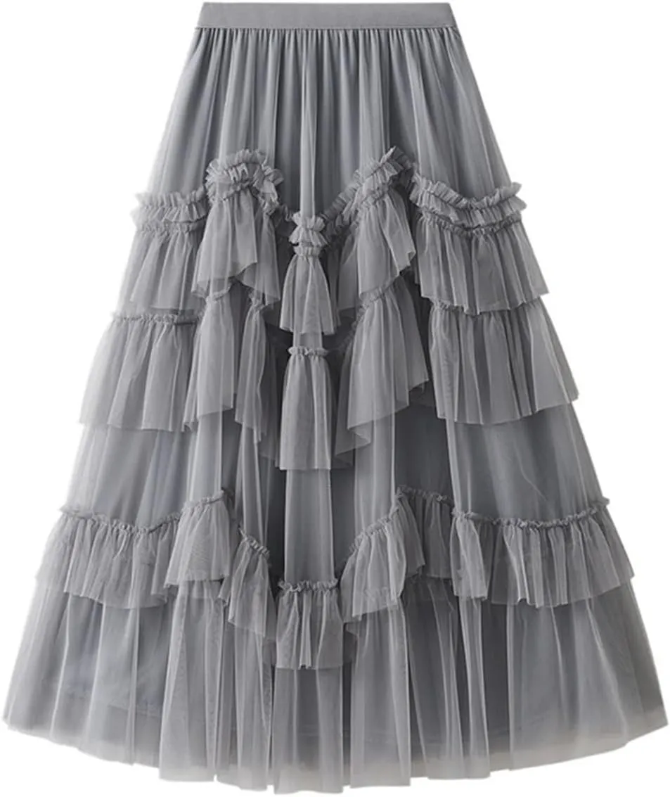 Wjnvfioo Female Fashion Gauze Cake Skirt for Women Mid-Calf A-Line Solid Color Skirts