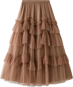 Wjnvfioo Female Fashion Gauze Cake Skirt for Women Mid-Calf A-Line Solid Color Skirts
