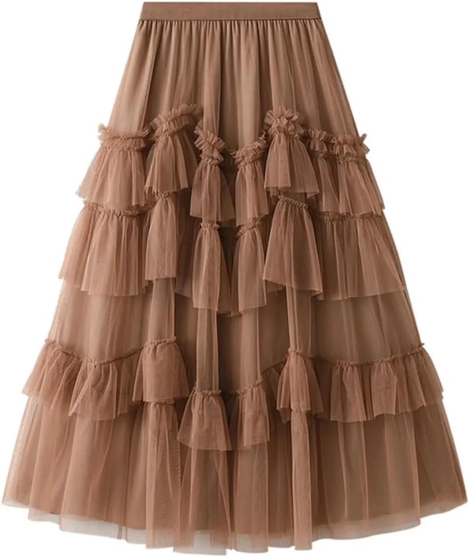 Wjnvfioo Female Fashion Gauze Cake Skirt for Women Mid-Calf A-Line Solid Color Skirts