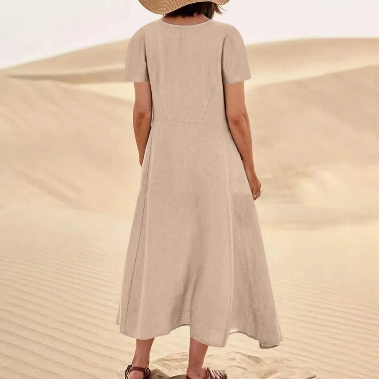 Women 2024 Summer Dresses Casual Short Sleeve Cotton Linen Dress Simple Solid Color Loose Beach Sundress with Pockets