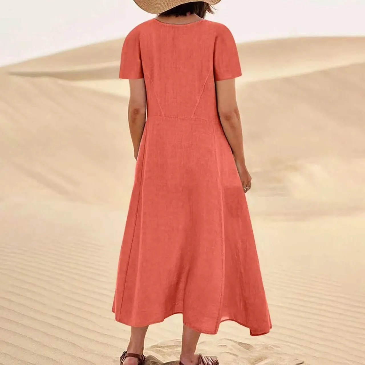 Women 2024 Summer Dresses Casual Short Sleeve Cotton Linen Dress Simple Solid Color Loose Beach Sundress with Pockets