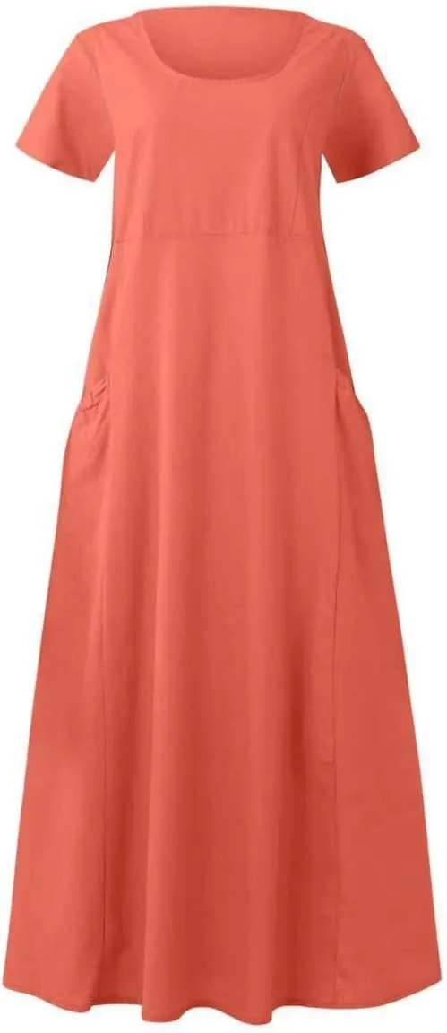 Women 2024 Summer Dresses Casual Short Sleeve Cotton Linen Dress Simple Solid Color Loose Beach Sundress with Pockets