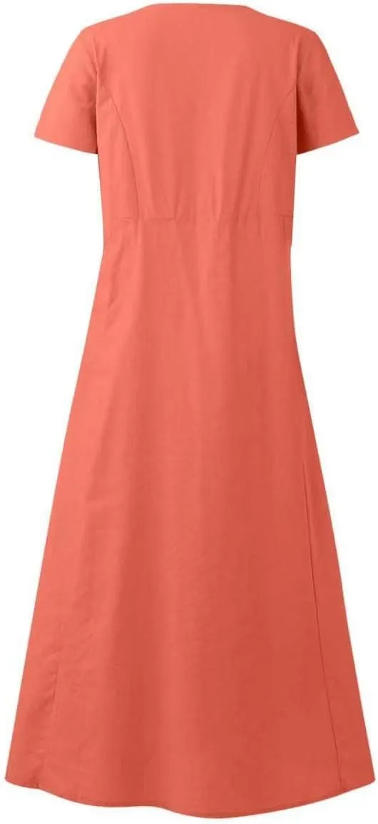 Women 2024 Summer Dresses Casual Short Sleeve Cotton Linen Dress Simple Solid Color Loose Beach Sundress with Pockets