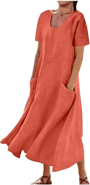 Women 2024 Summer Dresses Casual Short Sleeve Cotton Linen Dress Simple Solid Color Loose Beach Sundress with Pockets