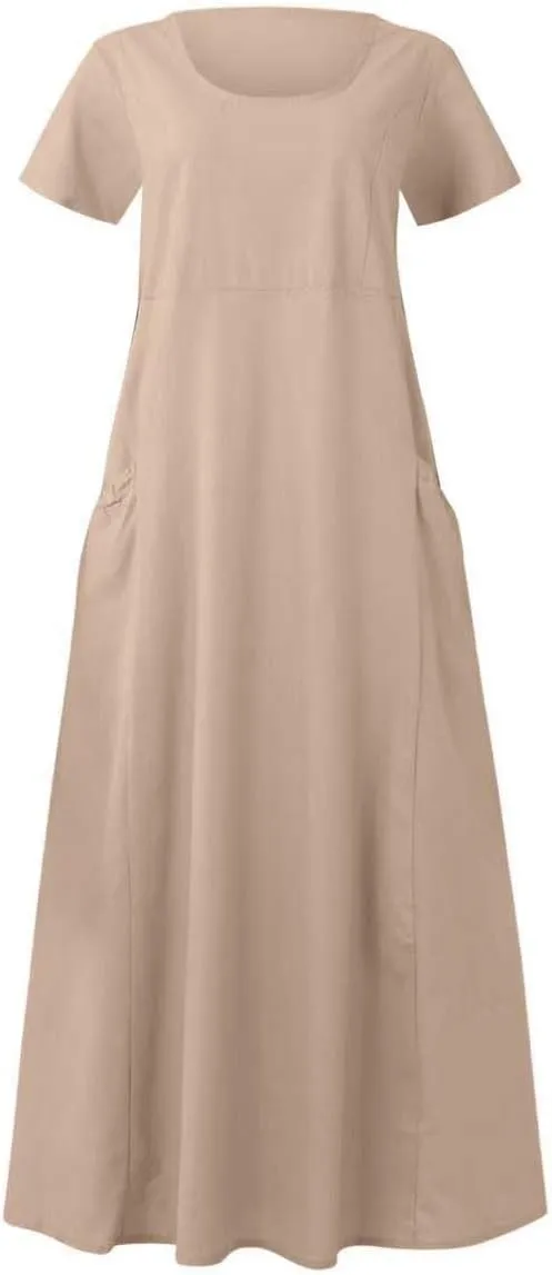Women 2024 Summer Dresses Casual Short Sleeve Cotton Linen Dress Simple Solid Color Loose Beach Sundress with Pockets