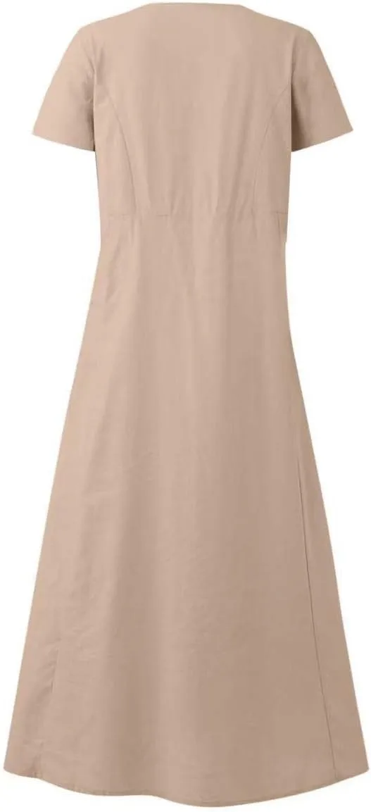 Women 2024 Summer Dresses Casual Short Sleeve Cotton Linen Dress Simple Solid Color Loose Beach Sundress with Pockets