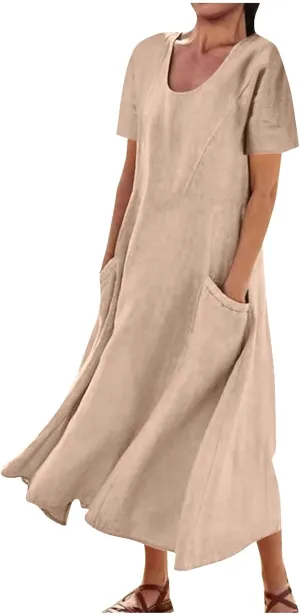 Women 2024 Summer Dresses Casual Short Sleeve Cotton Linen Dress Simple Solid Color Loose Beach Sundress with Pockets