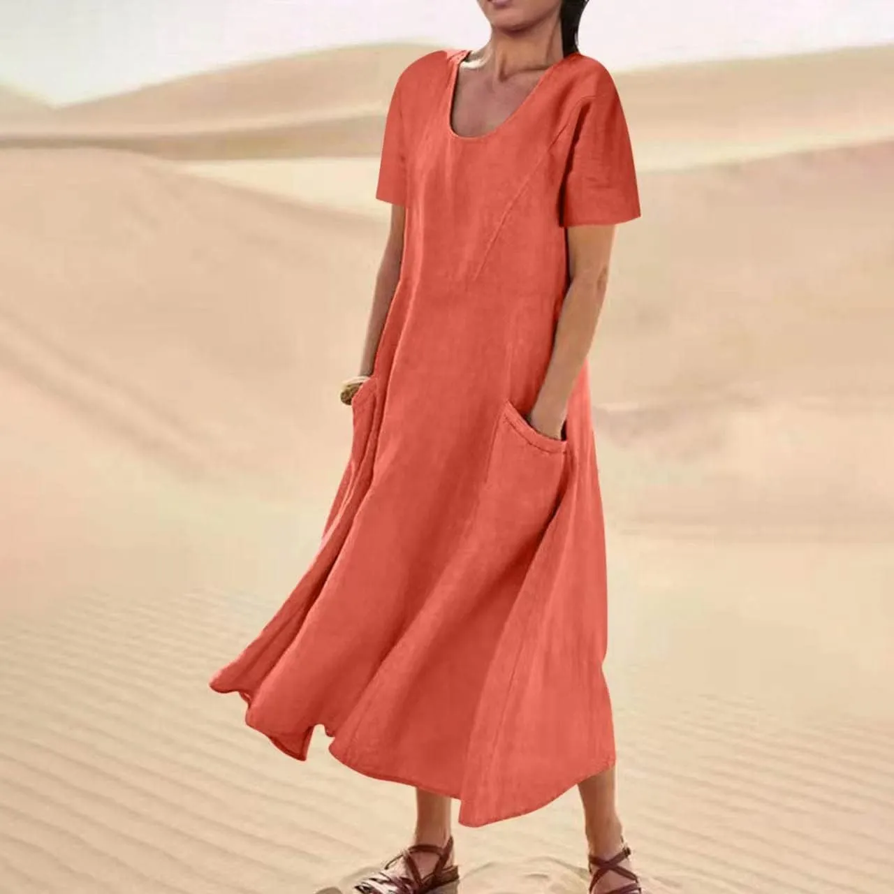 Women 2024 Summer Dresses Casual Short Sleeve Cotton Linen Dress Simple Solid Color Loose Beach Sundress with Pockets