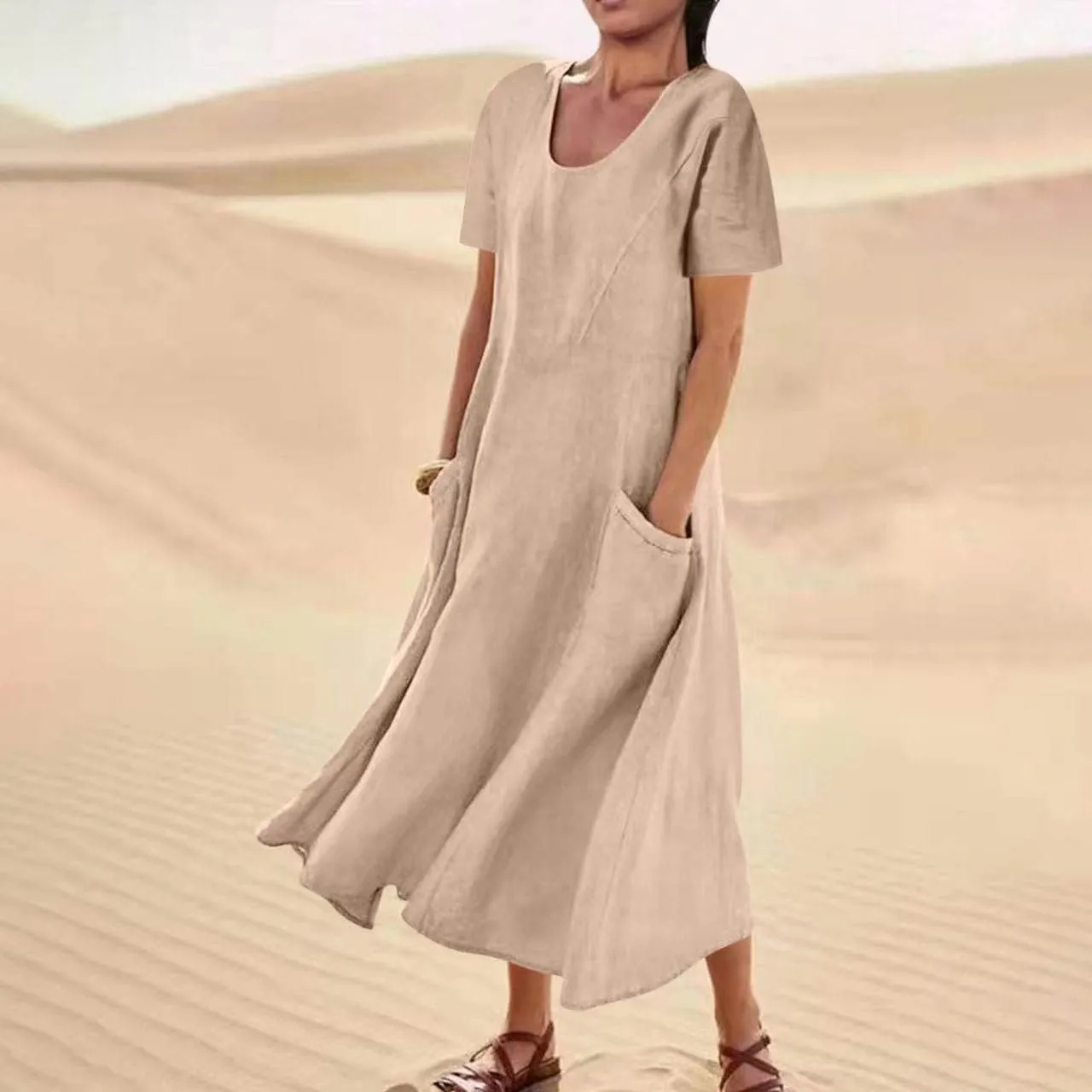 Women 2024 Summer Dresses Casual Short Sleeve Cotton Linen Dress Simple Solid Color Loose Beach Sundress with Pockets