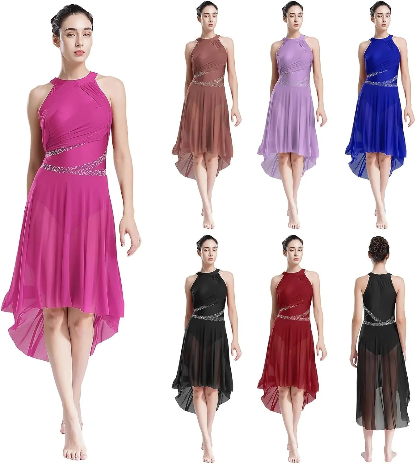 Women Adult Lyrical Dance Dress Modern Contemporary Costume Sparkly Rhinestones Ruched Asymmetrical Hem Ballet Dancewear