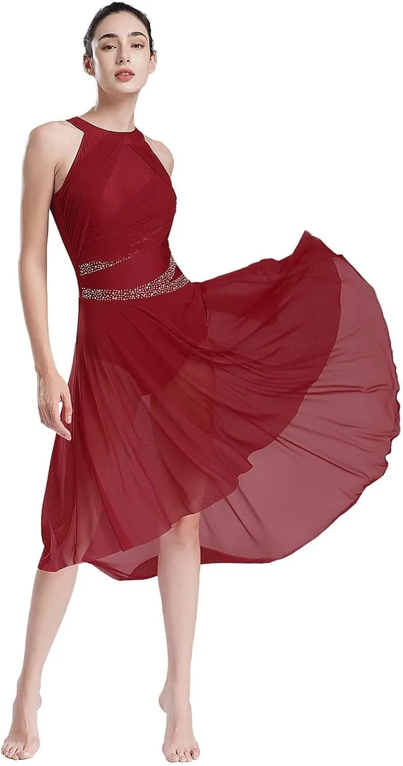 Women Adult Lyrical Dance Dress Modern Contemporary Costume Sparkly Rhinestones Ruched Asymmetrical Hem Ballet Dancewear